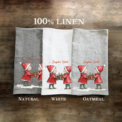Christmas elf Tea Towel in linen, Hand Towels Tea in linen Dish Holiday Kitchen Feliz Navidad Frohe Weinachten Merry Christmas