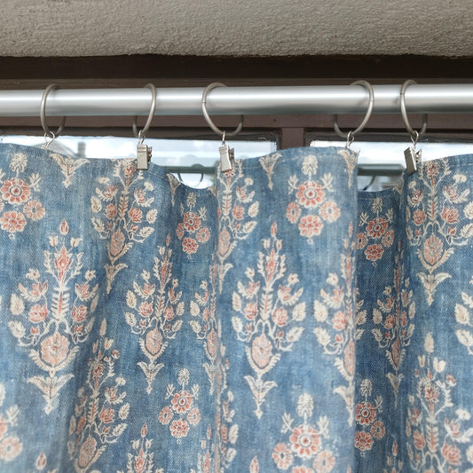 Curtains 100% Linen with indian block print blue pattern  PREWASHED. kitchen Living room farmhouse linen window panel