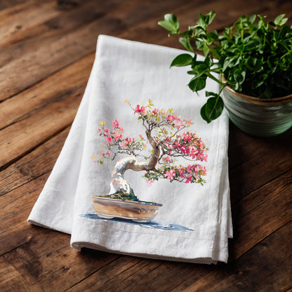 Japanese Tea Towel in linen Bonsai, Greenery white Hand Towels Tea, Farmhouse Dish Towel,  Kitchen Décor Tea Towel