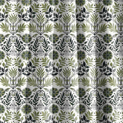 Modern vintage Curtains 100% Linen with botanical block print in green on white linen - kitchen Living room farmhouse linen window panel