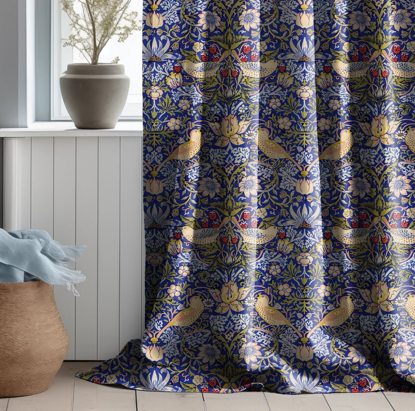 William Morris Curtain Panel Strawberry Thief, Floral with birds and strawberries Print Pattern  Curtain Panels,  Curtains for living room