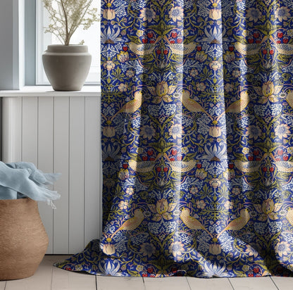 William Morris Curtain Panel Strawberry Thief, Floral with birds and strawberries Print Pattern  Curtain Panels,  Curtains for living room