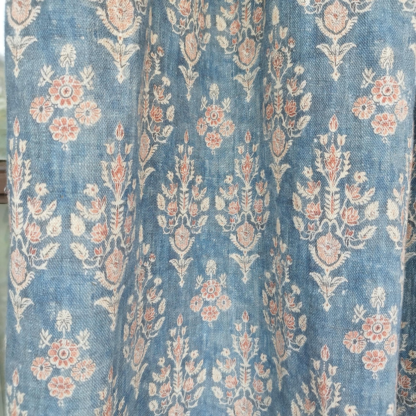 Curtains 100% Linen with indian block print blue pattern  PREWASHED. kitchen Living room farmhouse linen window panel