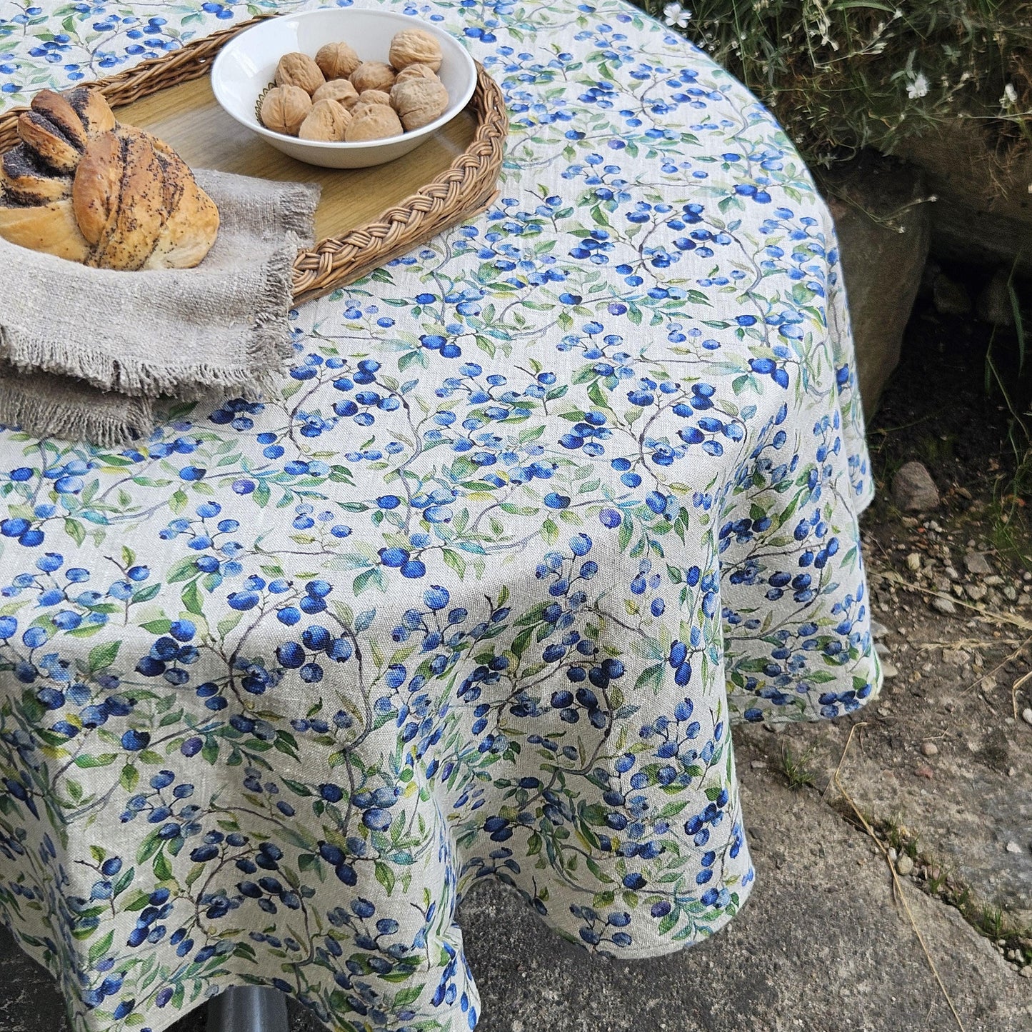 Linen foral tablecloth with blueberry print - floral tablecloth  arts and crafts movement tablecloth Victorian style