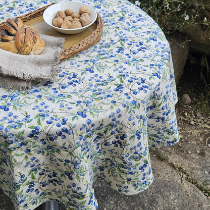 Linen foral tablecloth with blueberry print - floral tablecloth  arts and crafts movement tablecloth Victorian style