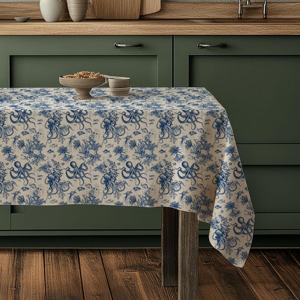 100% Linen tablecloth Blue Coastal with octopus print - French Coastal Vintage table cloth - Nautical indigo Blue Toile de jouy linen