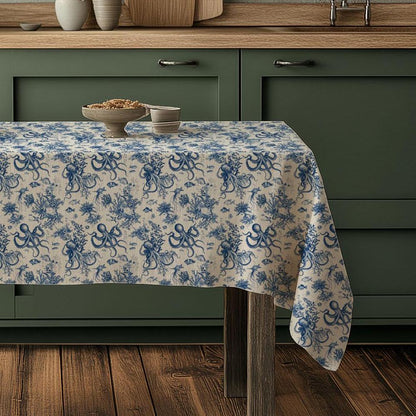 100% Linen tablecloth Blue Coastal with octopus print - French Coastal Vintage table cloth - Nautical indigo Blue Toile de jouy linen