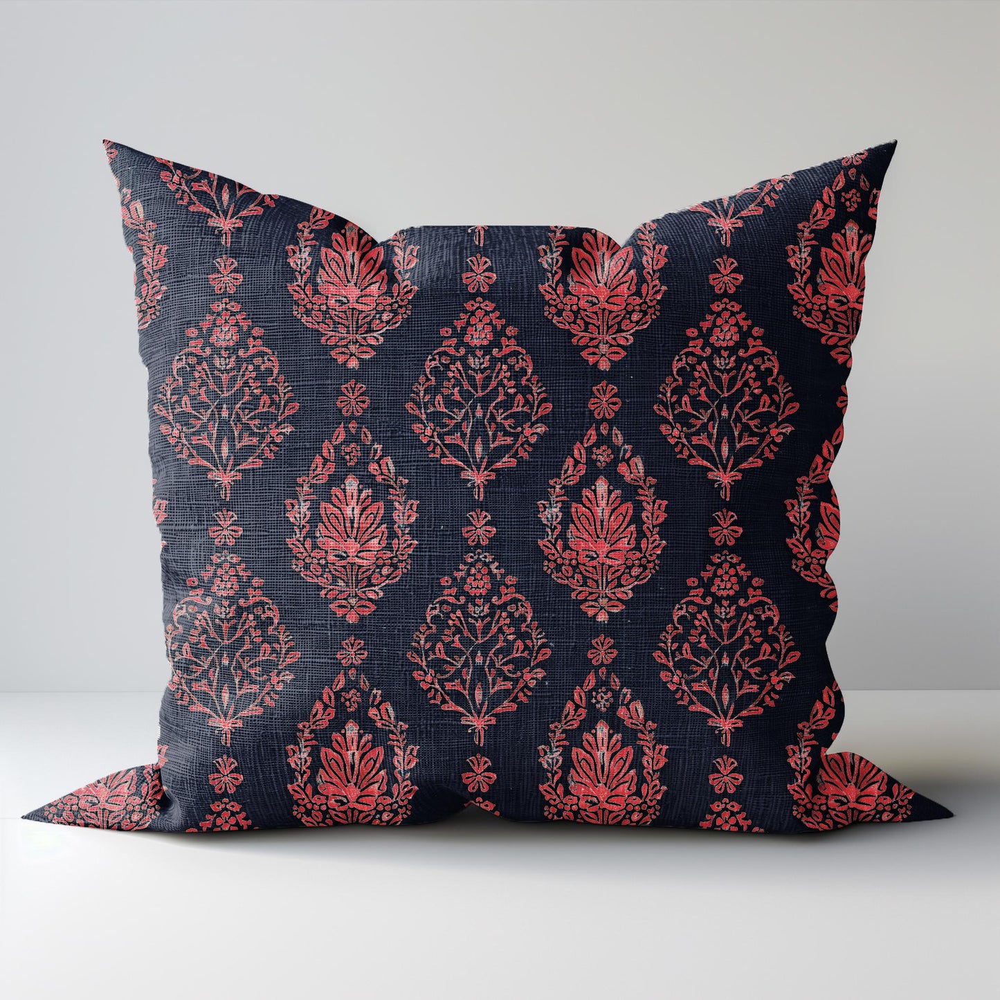 Designer Floral Indigo red on Natural linen pillow cover, Boho pillow with block botanical print, Cushion cover decorative pillow cover