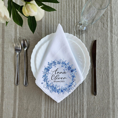 Custom Design White Cloth Cocktail Napkins with olive wreath, luxury weddings menu napkins in linen, Custom Names Napkins for dinner