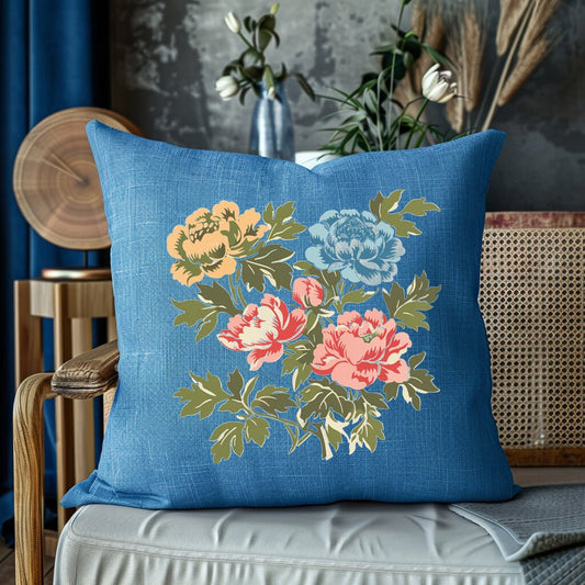SALE LINEN Cushion cover with peony print , decorative linen pillow cover with folk art print , Floral Housewarming Gift