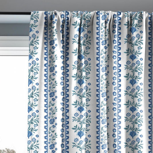Curtains 100% Linen with floral stripe blue green white print PREWASHED - kitchen Living room farmhouse linen window panel herritage print