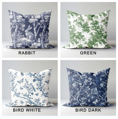 Designer blue Floral on Linen Pillow Cover, blue French toile de jouy Pillow in linen, Farmhouse Botanical printed pillow on flax with Birds