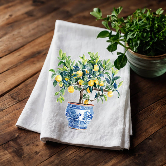 Citron i chinoise-kruka Kökshandduk i linne, blommiga handdukar, botanisk blommig diskhandduk, blommig köksdekoration Kökshandduk