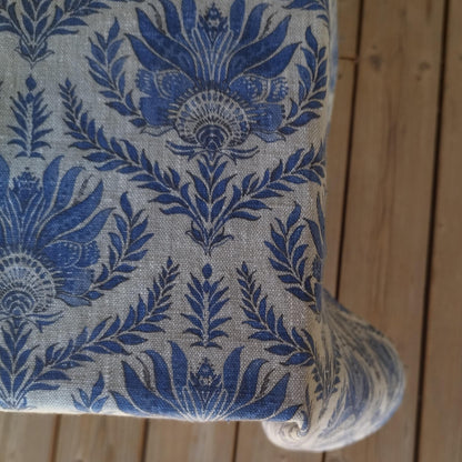 French placemat or tablecloth with Blue print -  French Retro Vintage table cloth Bohemian Blue on natural linen with floral block stamp