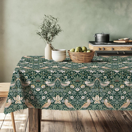 Linen tablecloth green floral with birds - William Morris strawberry thief table cloth - English herritage Victorian arts crafts movement