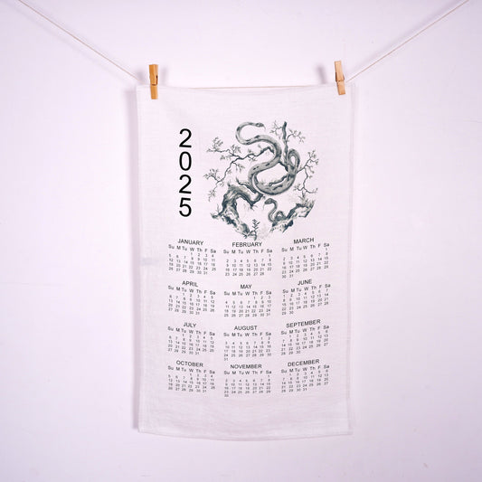 2025 Calendar Towel with year zodiac Snake in linen, linen tea towel with 2025 Calendar, linen guest towel 2025 Calendar