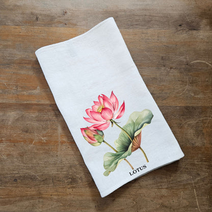 Lotus floral Tea Towel in linen, Botanical Hand Towels Tea in linen, pink flowers linen  Dish Towel  Kitchen Décor Tea Towel in linen
