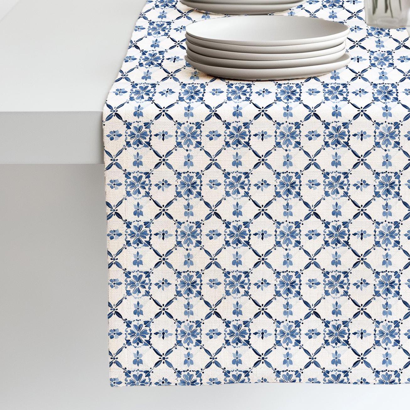 Coastal Linen runner - Swedish tile block print natural linen - indigo blue Rustic linen Marine Cottage farmhouse country style