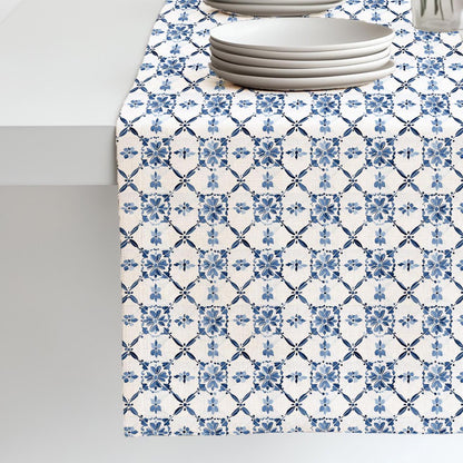 Coastal Linen runner - Swedish tile block print natural linen - indigo blue Rustic linen Marine Cottage farmhouse country style