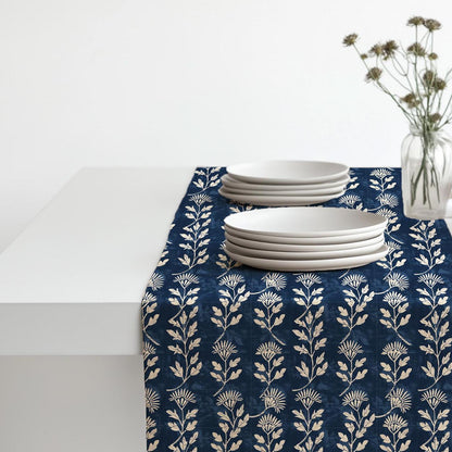 Indigo blue Linen runner - Japanese Hannes block print natural linen - indigo blue Rustic linen Marine Cottage farmhouse country style