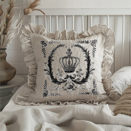 Shabby Floral Ruffle Linen Pillow Cover with Crown, French Provence Neutral Beige Cushion, French Antiques Harmhouse Cottage Chic Swedish
