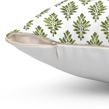 Designer Olive Green Floral on Linen Pillow Cover, Dark Green Boho Pillow, Farmhouse Floral Block printed pillow greenery