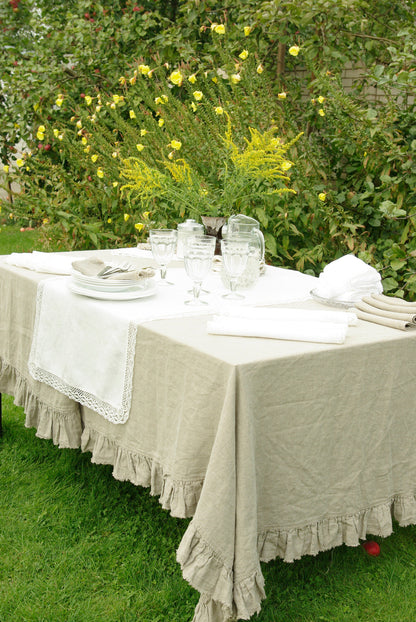 100% Linen tablecloth with RUFFLES PREWASHED white natural French table cloth rustic rectangle square oval country style