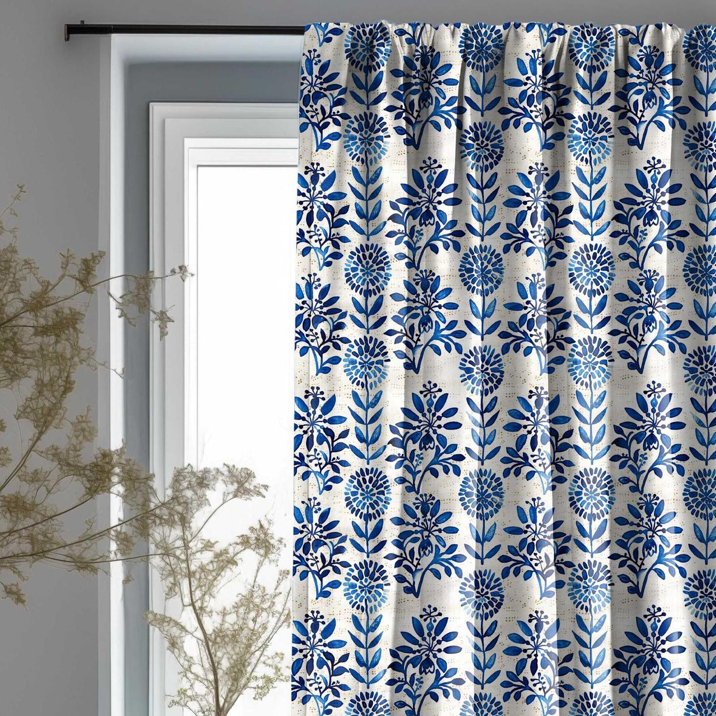Floral Curtain Panel with indigo blue block print, Floral Botanical Print Curtains Panels in custom size, Botanical Curtains for living room