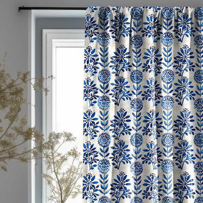 Floral Curtain Panel with indigo blue block print, Floral Botanical Print Curtains Panels in custom size, Botanical Curtains for living room