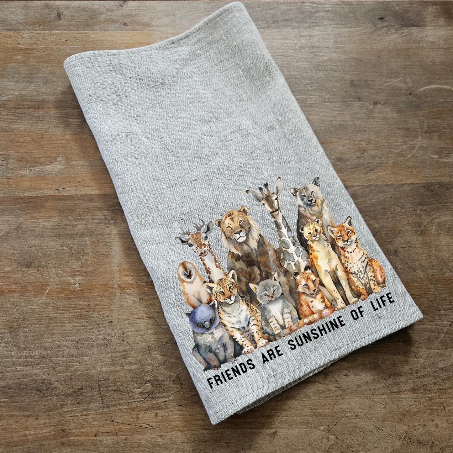 Friendship Tea Towel in linen, Hand Towels Tea with Animals, Floor sack Dish Towel Kitchen Décor Tea Towel Festive season Christmas Friends
