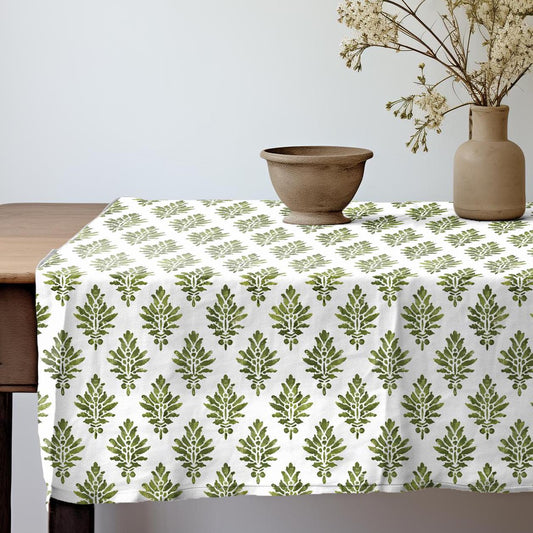 Designer Green white block stamp Linen tablecloth / Holiday Tablecloth French Table Cover in Block Printed Floral Dinning Elegant Decoration