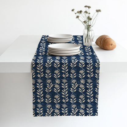 Indigo blue Linen runner - Japanese Hannes block print natural linen - indigo blue Rustic linen Marine Cottage farmhouse country style