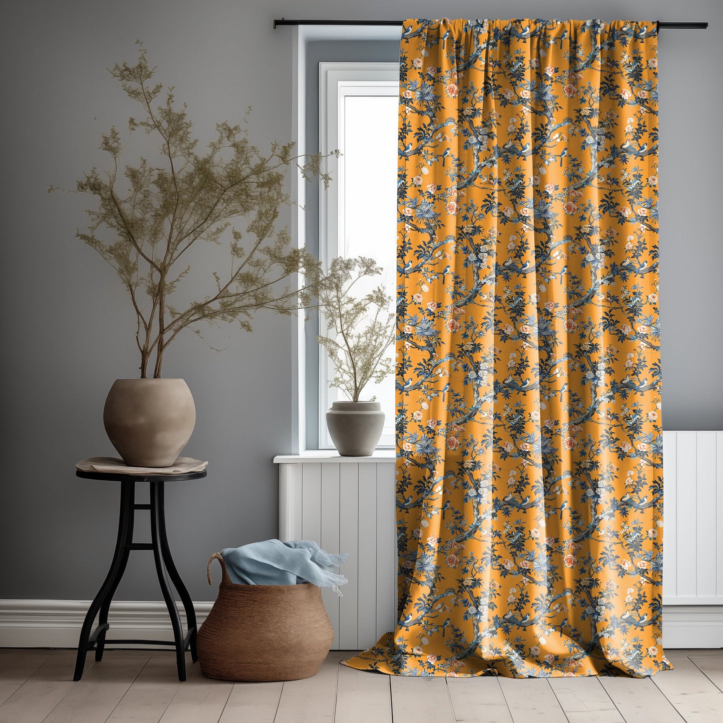 Linen floral Curtain Panels with toile de jouy print, Curtains for living room or bedroom in orange yellow, coutry house style curtains