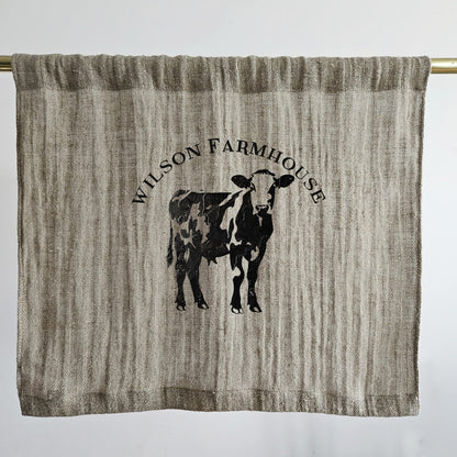 Natural grain sack Cafe Curtains farmhouse cow, French stamp burlap ranch shabby window panel, Living room Cafe Kitchen window curtains