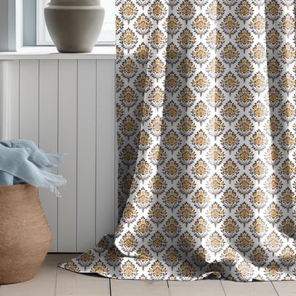 Modern vintage Curtains 100% Linen with botanical block print in green on white linen - kitchen Living room farmhouse linen window panel