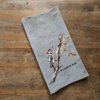 Woodpecker Tea Towel in linen, hand Towels Tea in linen,  bird Dish Towel  Kitchen Décor Tea Towel in linen