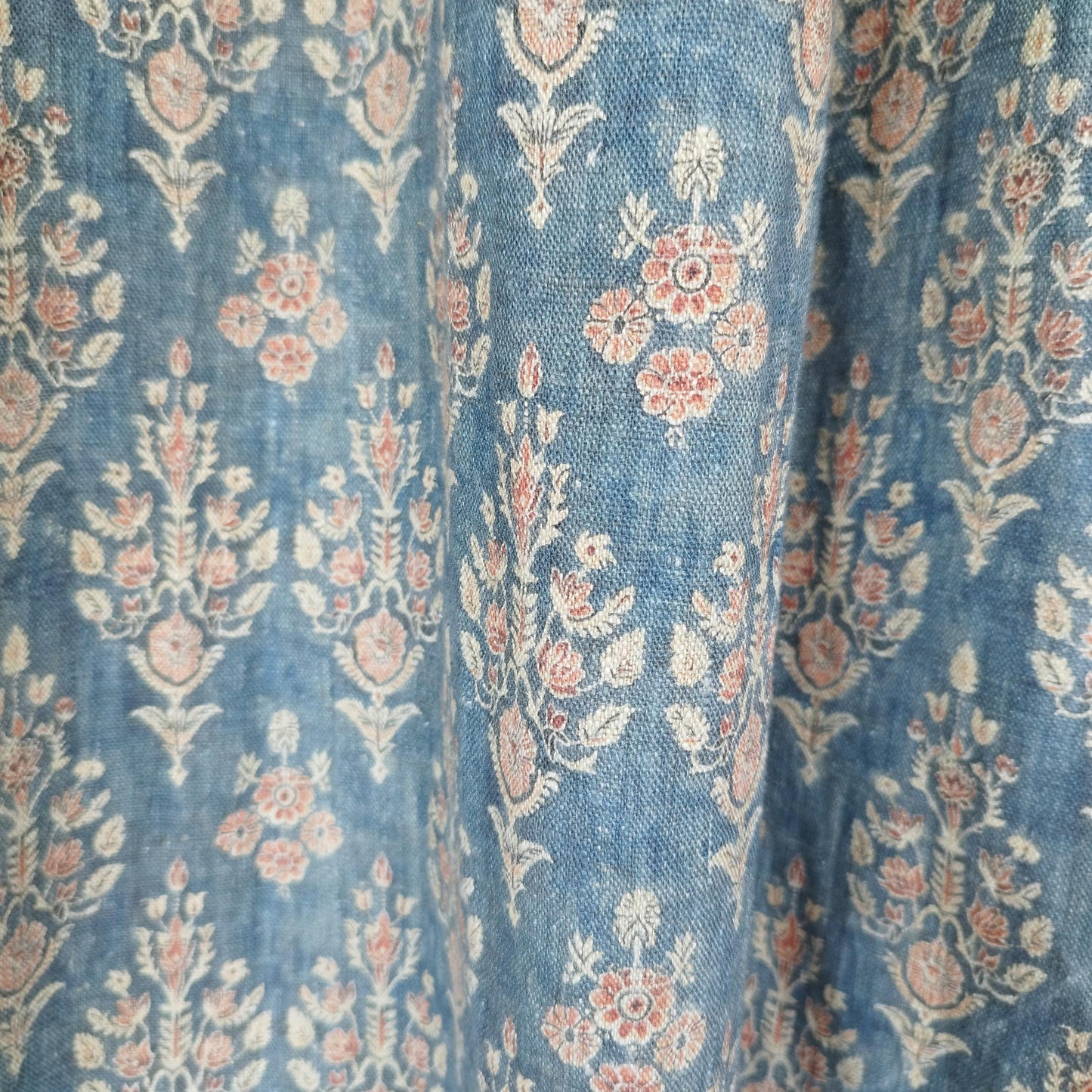 Curtains 100% Linen with indian block print blue pattern  PREWASHED. kitchen Living room farmhouse linen window panel