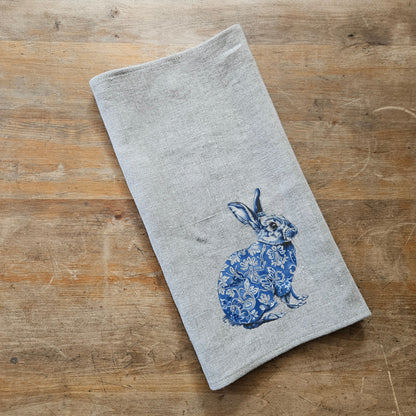 Bunny Floral Tea Towel in linen, Blue rabbit Hand Towels Tea, Farmhouse Floral Dish Towel,  Kitchen Décor Eastern Kitchen Tea Towel