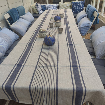 100% Linen tablecloth striped - blue grey black PREWASHED French table cloth rustic rectangle square oval -  country style Sack weave linen