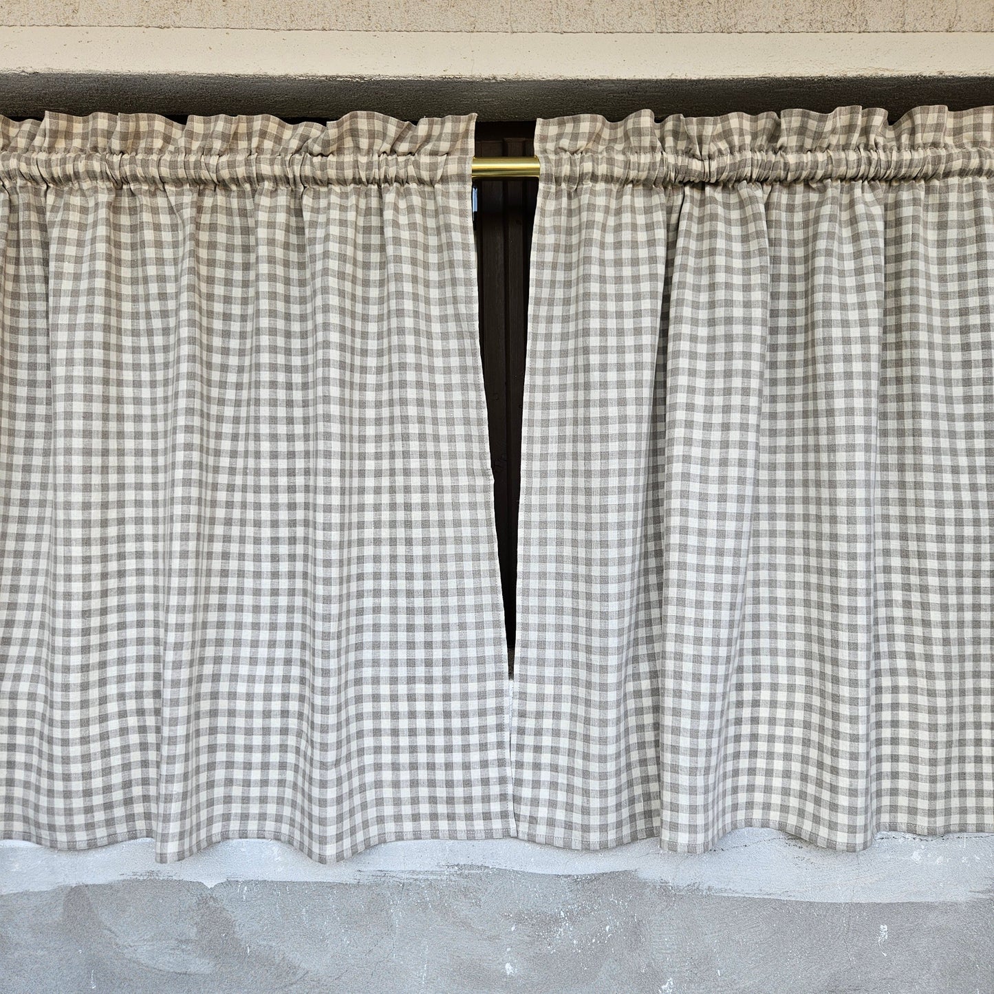 Natural linen Cafe Curtains in classic gingham, custom size Farmhous window panel, Living room Cafe Kitchen window curtain custom size