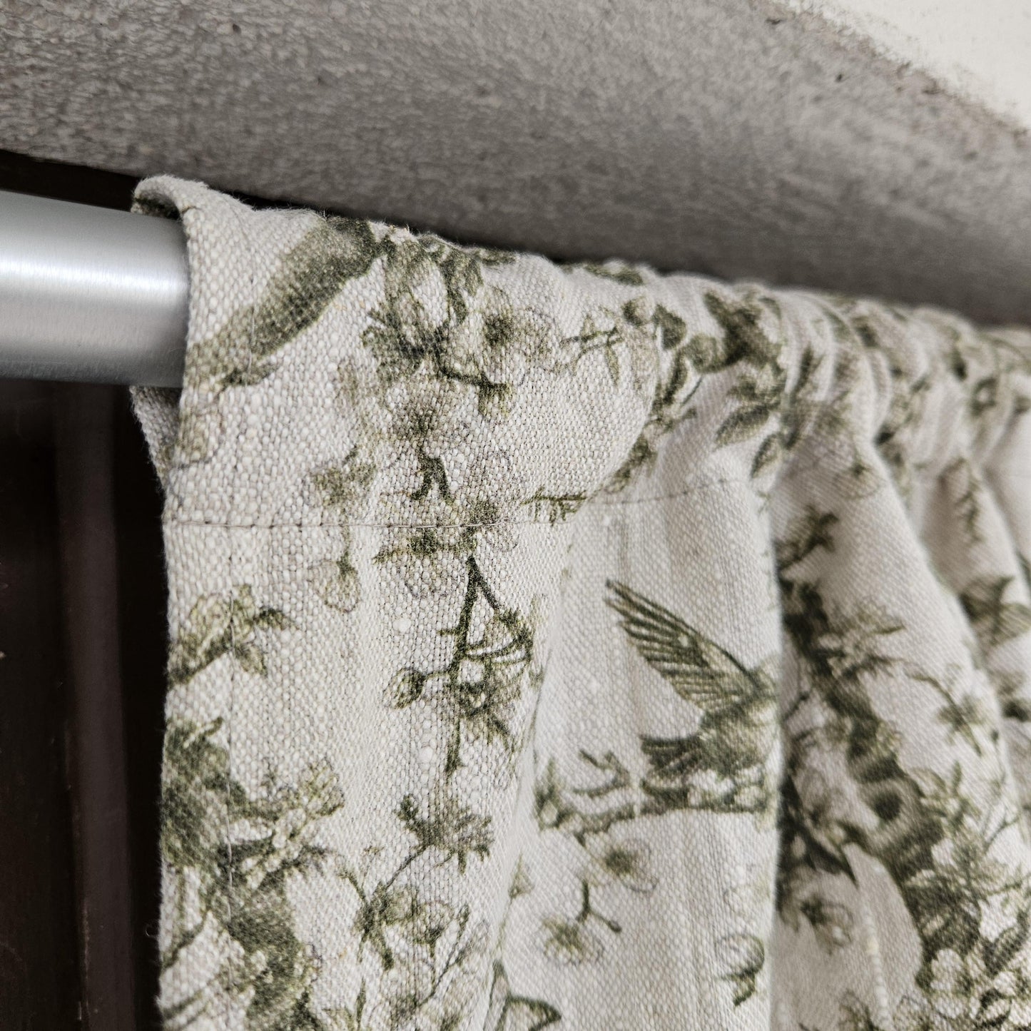 Curtains 100% Linen with French block print green toile de jouy pattern PREWASHED - kitchen Living room farmhouse window panel french linen