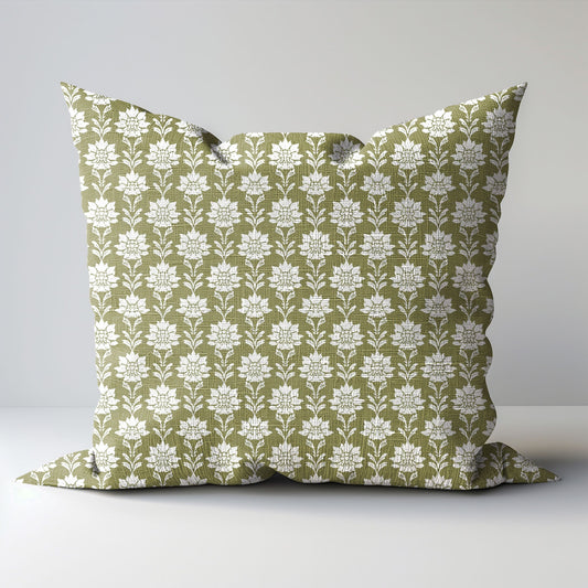 Designer Olive Green Floral on Linen Pillow Cover, Dark Green Boho Pillow, Farmhouse Floral Block printed pillow