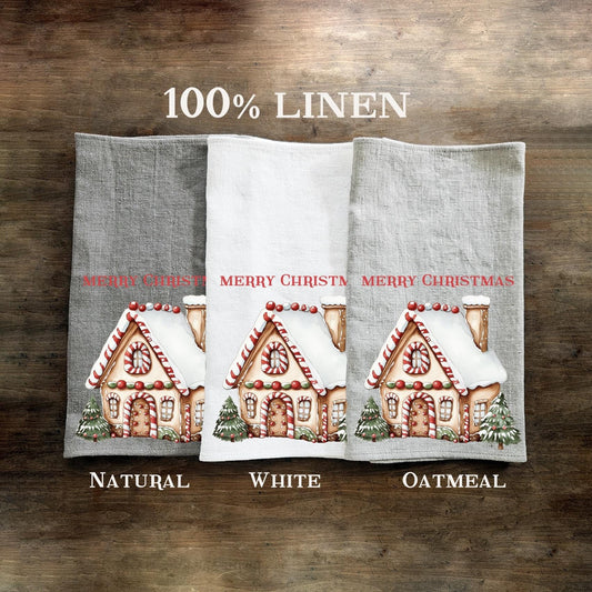 Christmas Tea Towel in linen, Ginger House Hand Towels Tea, linen Dish Towel Holiday season Kitchen Décor Tea Towel