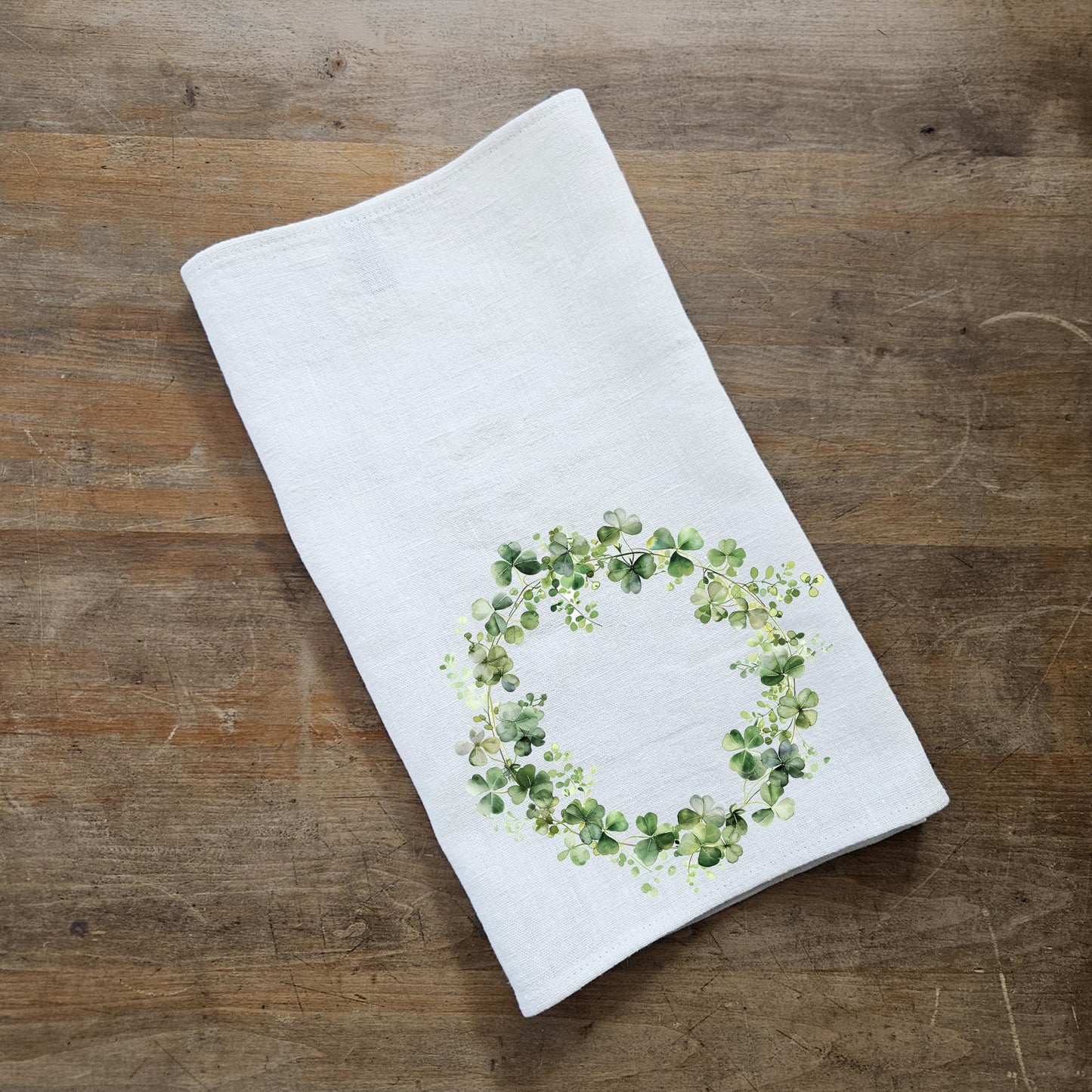Clover wreath Tea Towel in linen, greenery Hand Towels Tea in linen, linen  Dish Towel Kitchen Décor Tea Towel in linen with green wreath