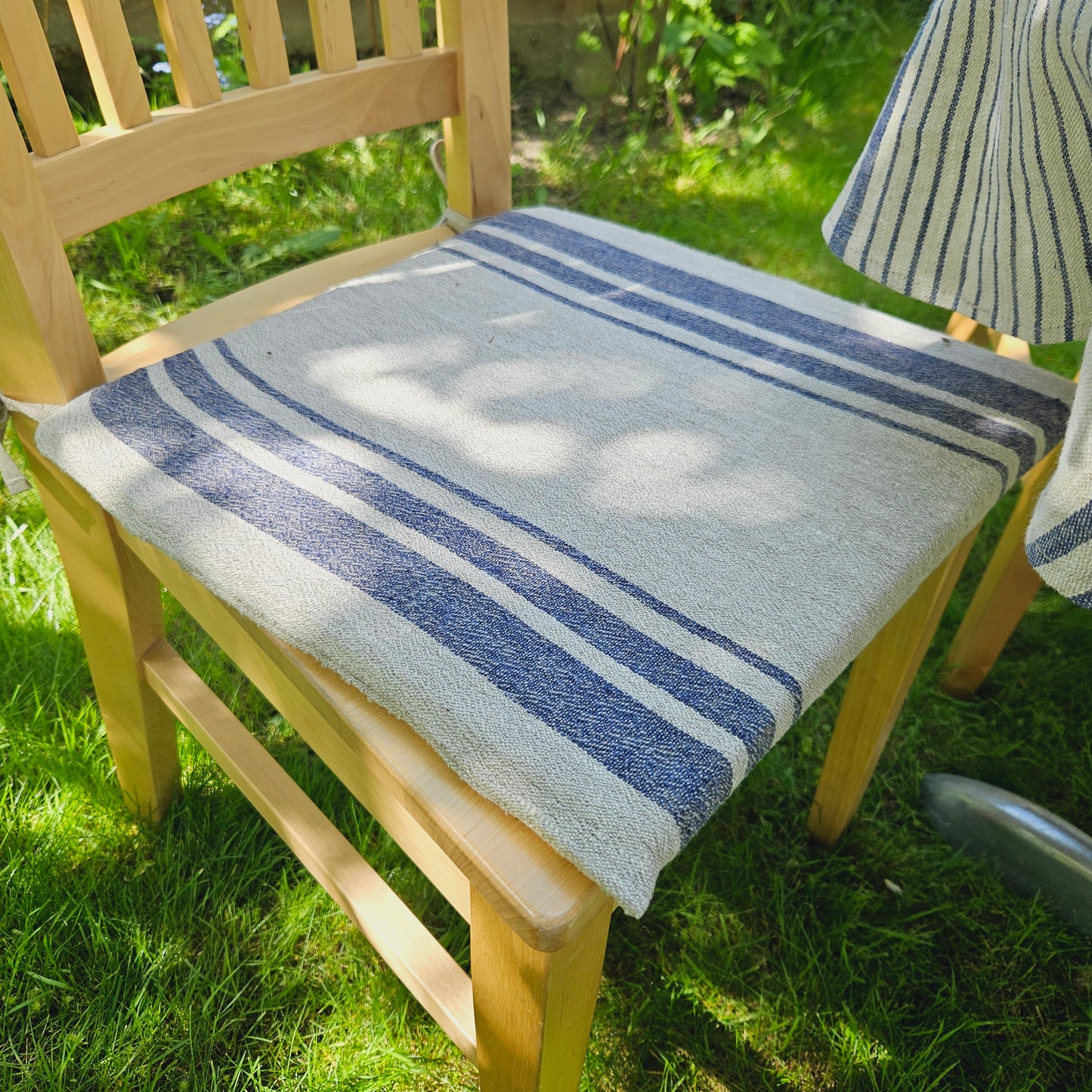 Linen Seat Cushion striped with ties - Striped Chair Pad Pillow - Natural French Style Heavy Weight 100% Linen Fabric
