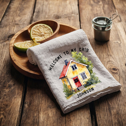 welcome Tea Towel in linen, Crib house white Hand Towels Tea, Farmhouse Dish Towel,  Kitchen Décor Tea Towel