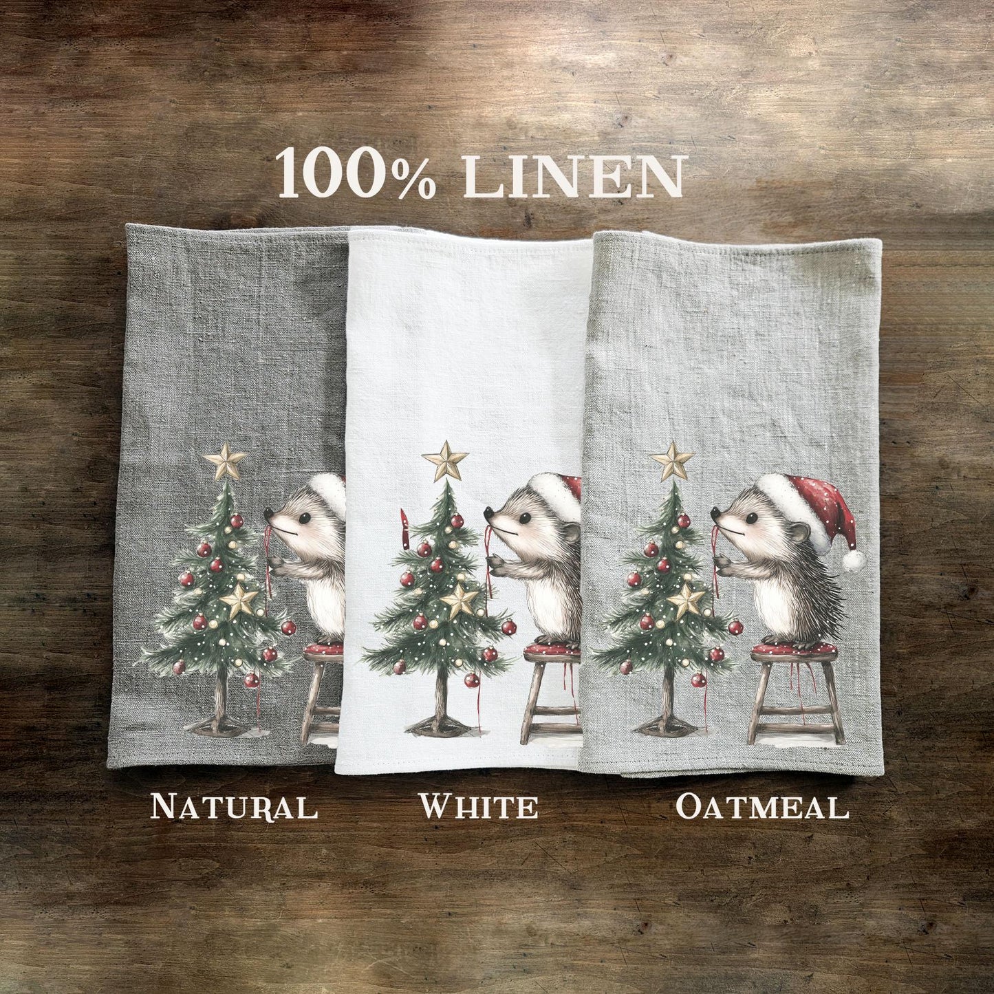Christmas Tea Towel in linen, Christmas treen and hedgehog Hand Towels Tea in linen, artistic linen Dish  Kitchen Décor Tea Towel in linen