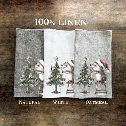 Christmas Tea Towel in linen, Christmas treen and hedgehog Hand Towels Tea in linen, artistic linen Dish  Kitchen Décor Tea Towel in linen
