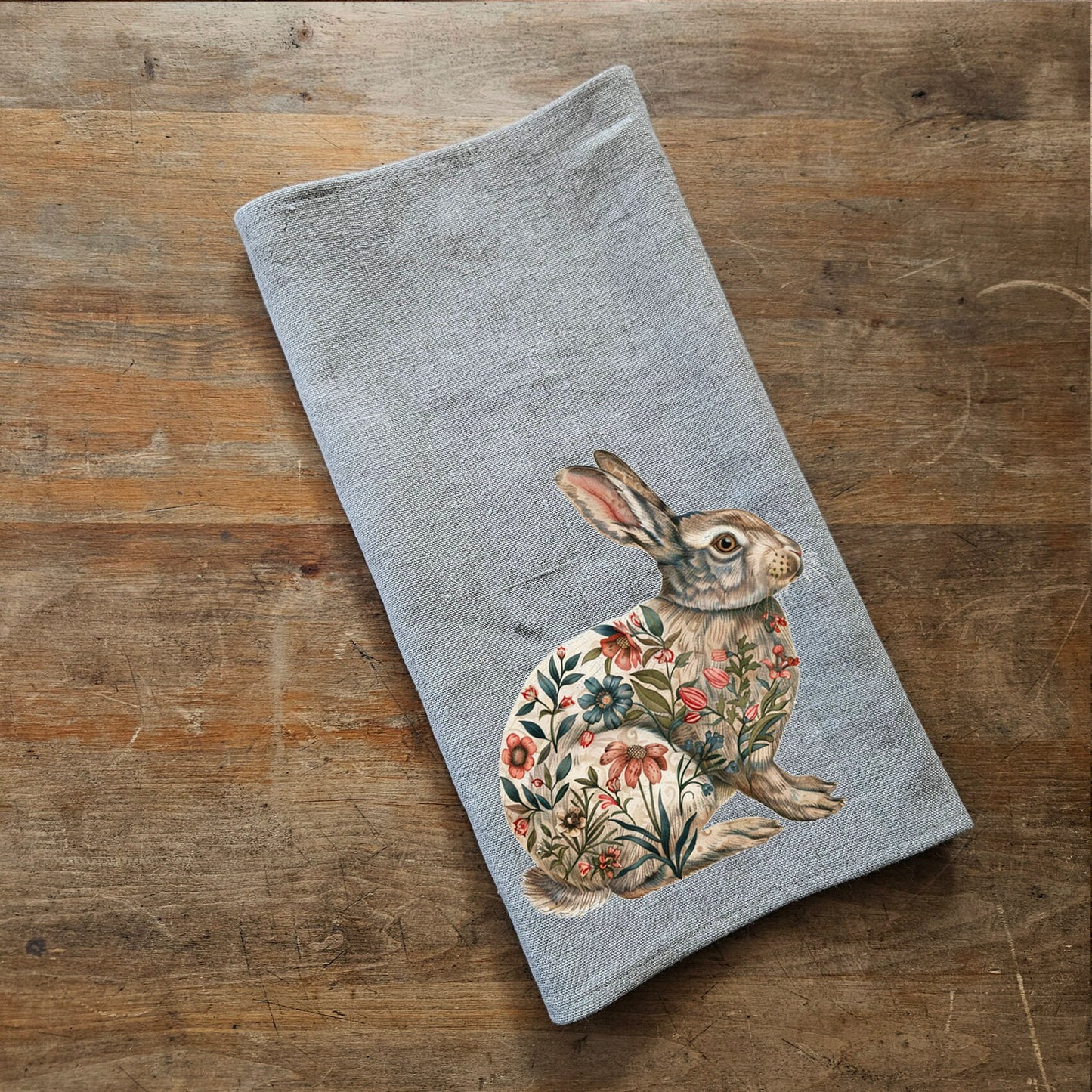 Bunny Floral Tea Towel in linen, Blue rabbit Hand Towels Tea, Farmhouse Floral Dish Towel,  Kitchen Décor Eastern Kitchen Tea Towel