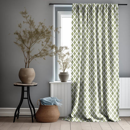 Curtain Panel Block print green white  in custom size -  for living room